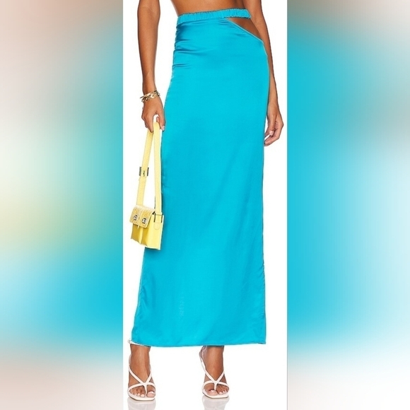 Camila Coelho Lilly Maxi Skirt In Aqua Satin Size Small Cutout Hip Back Slit - Picture 6 of 8